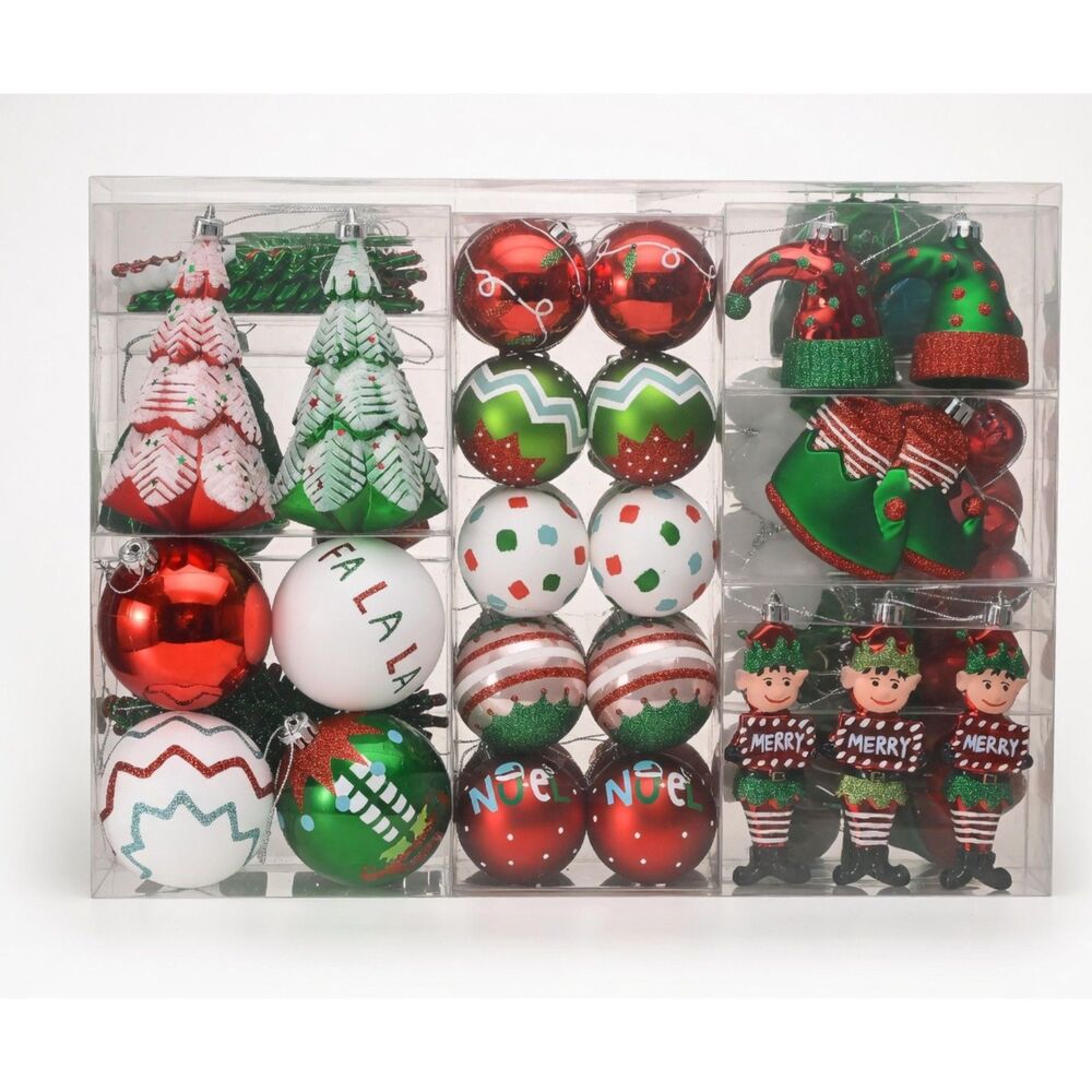 DecorbyHannah 120ct Christmas Tree Elf Red Green White Shatterproof Ornament Set